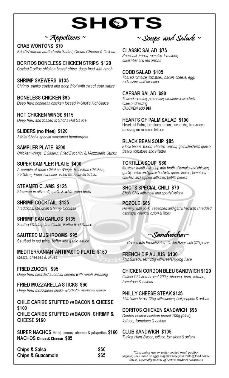 hot shots restaurant menu