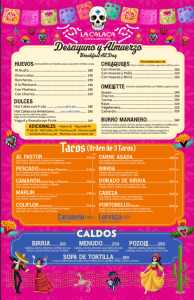 Calaca breakfast menu as of May 2026