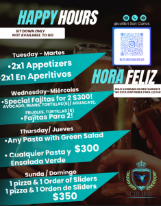 Colibri Happy Hour Tuesday to Sunday April 2026