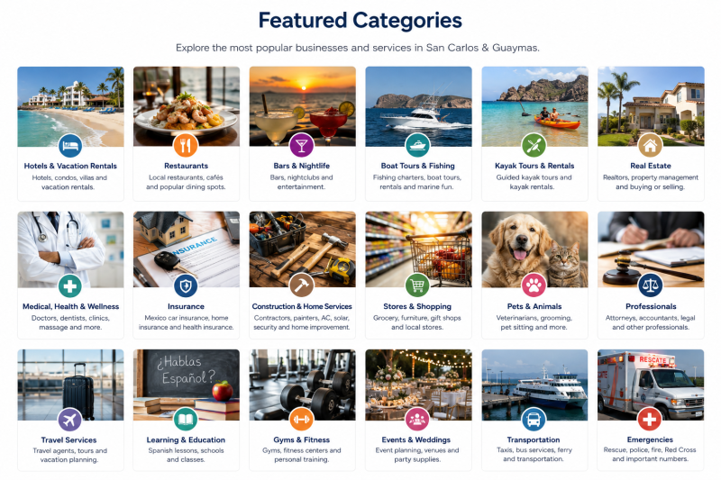 Featured business categories in the What's Up San Carlos Business Directory, including restaurants, hotels, vacation rentals, real estate, marine services, medical services, shopping and local businesses in San Carlos and Guaymas, Sonora.